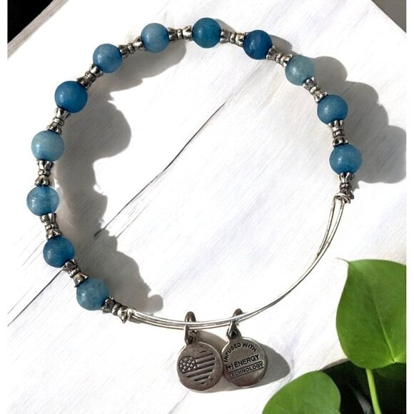 Alex & Ani Silver Plated Charm Bangle With Blue Beads Adjustable Fit 2.0"-3.5" - Picture 1 of 2